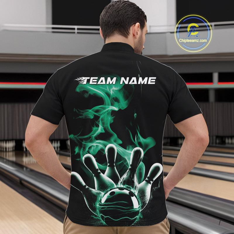 Custom Green Smoke Bowling Quarter-Zip Team Shirts For Men, Flame Bowling League Shirt IPHW9566