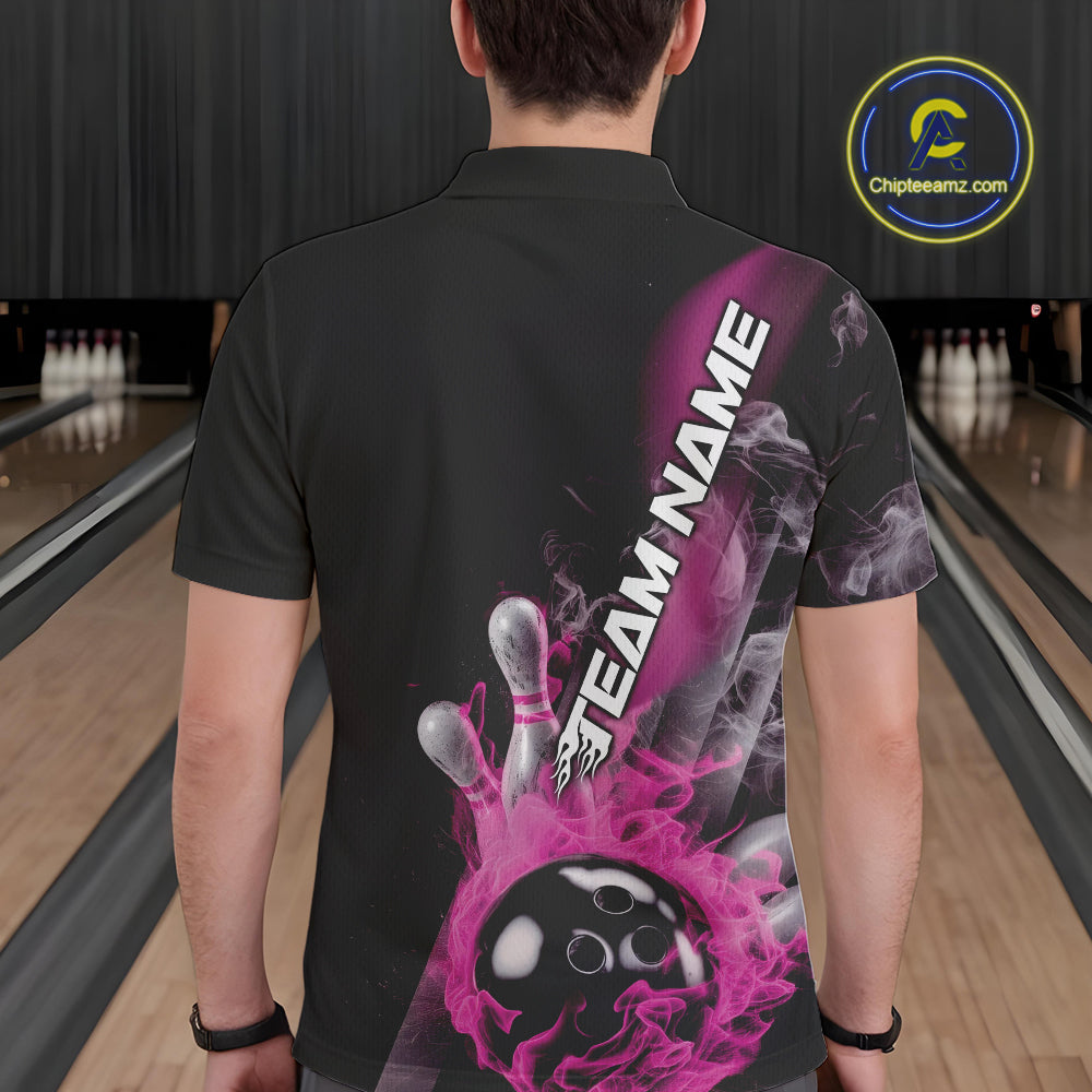 Custom Pink Flame Strike Bowling Team Polo Shirts For Men, Fire Bowling Jerseys IPHW9573