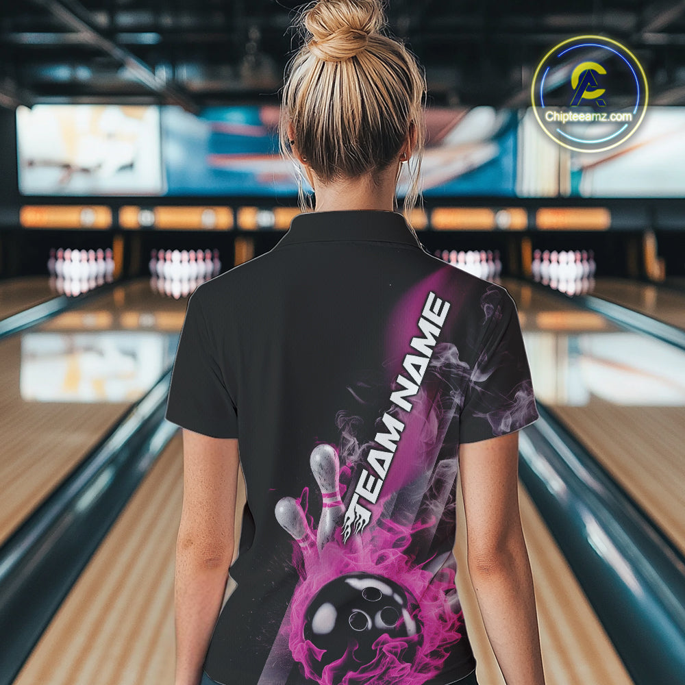 Custom Pink Flame Strike Bowling Team Polo Shirts For Women, Fire Bowling Jerseys IPHW9573