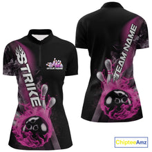 Load image into Gallery viewer, Custom Pink Flame Strike Bowling Team Quarter-Zip Shirts For Women, Fire Bowling Jerseys IPHW9573