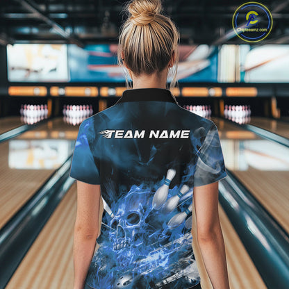 Custom Blue Fire Flame Skull Bowling Women Quarter-Zip Shirt, Halloween Bowling Outfits IPHW9576