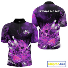 Load image into Gallery viewer, Custom Purple Fire Flame Skull Bowling Quarter-Zip Shirts For Men, Halloween Bowling Outfits IPHW9578
