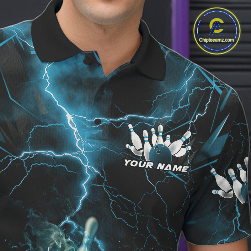 Custom Blue Thunder Lightning Bowling Team Polo Shirts For Men, Red Bowling Jerseys IPHW9582