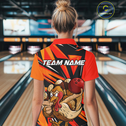Custom Funny Turkey Bowling Shirts For Women, Orange Thanksgiving Bowling Shirt Team Uniform IPHW7587