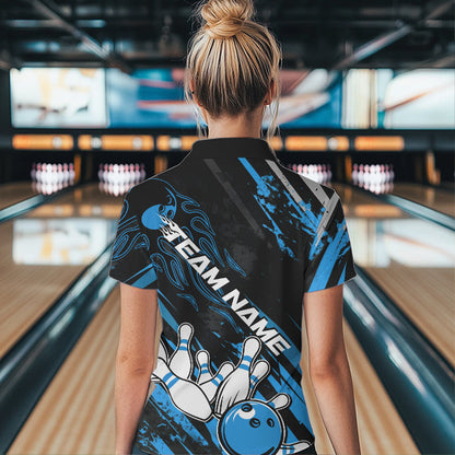 Grunge Black And Blue Custom Flame Bowling Team Womens Quarter-Zip Shirts, Bowling League IPHW8526