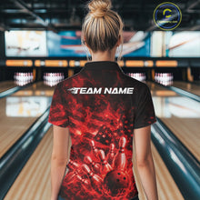 Load image into Gallery viewer, Custom Red Fire Patriotic Bowling Team Women Polo Shirt, American Flag Flame Bowling Jersey IPHW11107