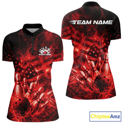 Front and back womens black and red bowling quarter-zip featuring a bowling ball crashing through pins with flames and American flag artwork.