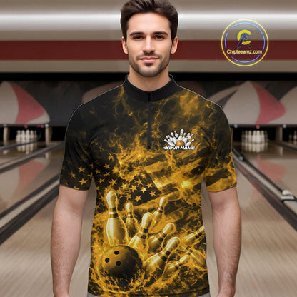 Male model wearing a black and yellow quarter-zip at the bowling lane with fiery bowling action artwork and flag-inspired accents.