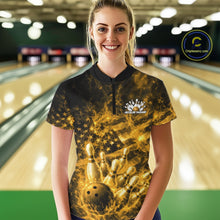 Load image into Gallery viewer, Custom Yellow Fire Patriotic Bowling Women Shirt, American Flag Flame Bowling Jersey IPHW11108