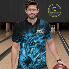 Load image into Gallery viewer, Custom Blue Fire Patriotic Bowling Men Polo Shirt, American Flag Flame Bowling Jersey IPHW11109