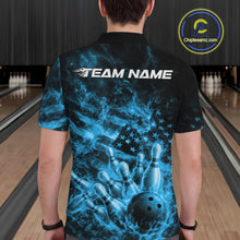 Load image into Gallery viewer, Custom Blue Fire Patriotic Bowling Men Polo Shirt, American Flag Flame Bowling Jersey IPHW11109