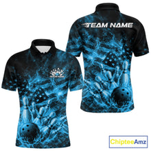 Load image into Gallery viewer, Custom Blue Fire Patriotic Bowling Men Polo Shirt, American Flag Flame Bowling Jersey IPHW11109