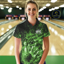 Load image into Gallery viewer, Custom Green Fire Patriotic Bowling Women Polo Shirt, American Flag Flame Bowling Jersey IPHW11111
