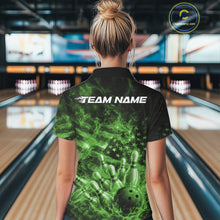 Load image into Gallery viewer, Custom Green Fire Patriotic Bowling Women Polo Shirt, American Flag Flame Bowling Jersey IPHW11111