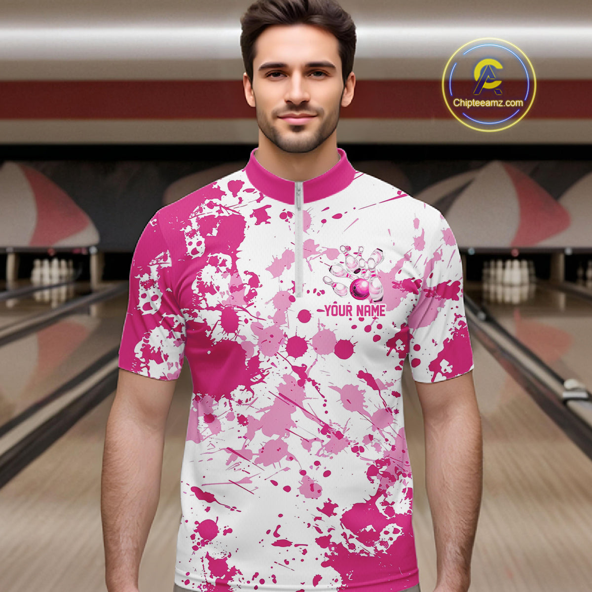 Custom Pink Bowling Polo Shirts For Men, Bowling Team Shirts Bowling Jerseys With Name IPHW7052