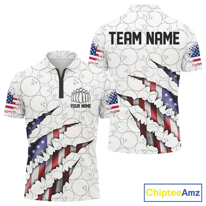 Personalized American Flag Bowling Men Team Shirts, Patriotic Bowling Quarter-Zip Polo Shirts IPHW5523