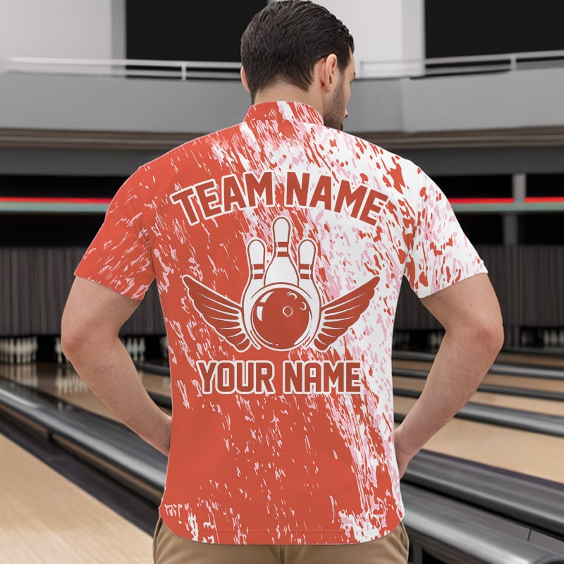 Personalized White And Orange Bowling Team Quarter-Zip Shirts For Men, Bowling Tournament Outfits IPHW8745