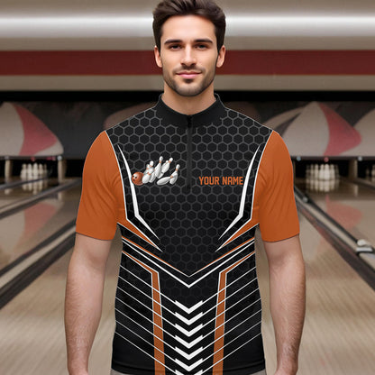 Custom Black And Orange Eagle Bowling Jerseys, Bowling Team Men Quarter-Zip Shirts Bowlers Outfits IPHW8751