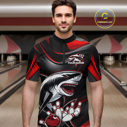 Custom Black And Red Shark Bowling Team Quarter-Zip Shirts For Men, Bowling League Shirt IPHW9002
