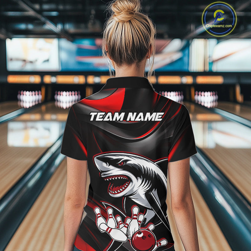Custom Black And Red Shark Bowling Team Women Quarter-Zip Shirt, Bowling League Shirt IPHW9002
