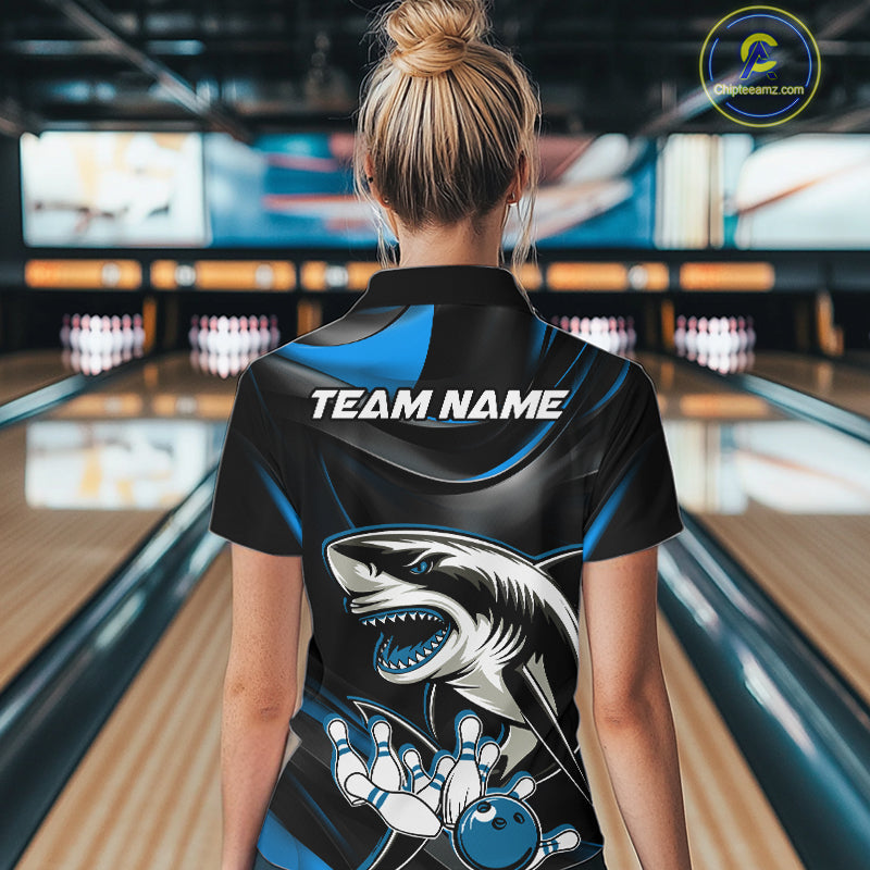 Custom Black And Blue Shark Bowling Team Women Quarter-Zip Shirt, Bowling League Shirt IPHW9003