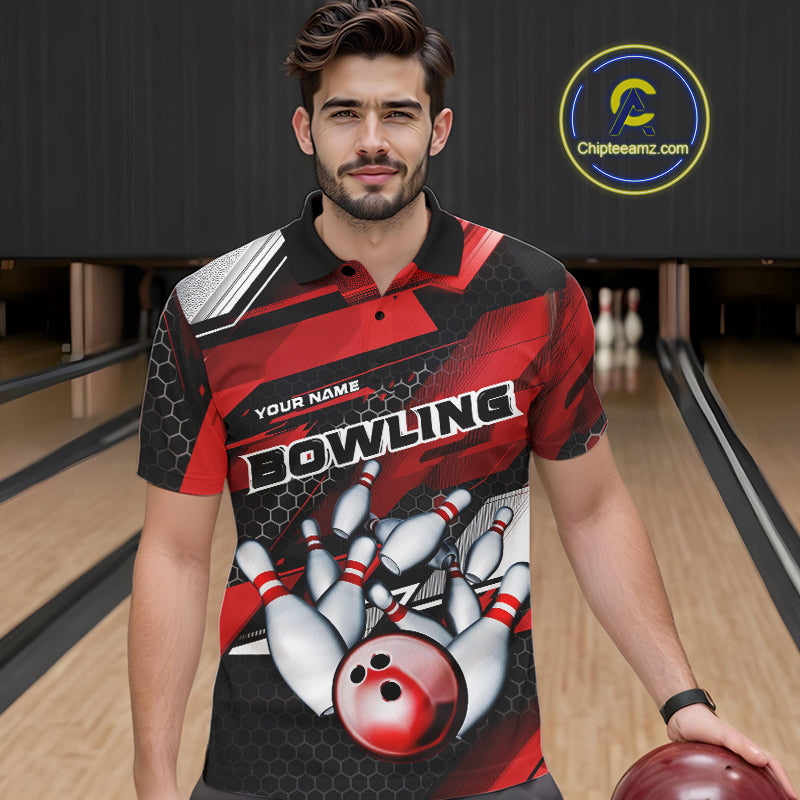 Custom Black And Red Hexagon Pattern Bowling Polo Shirts For Men, Bowling Team Uniform IPHW9420