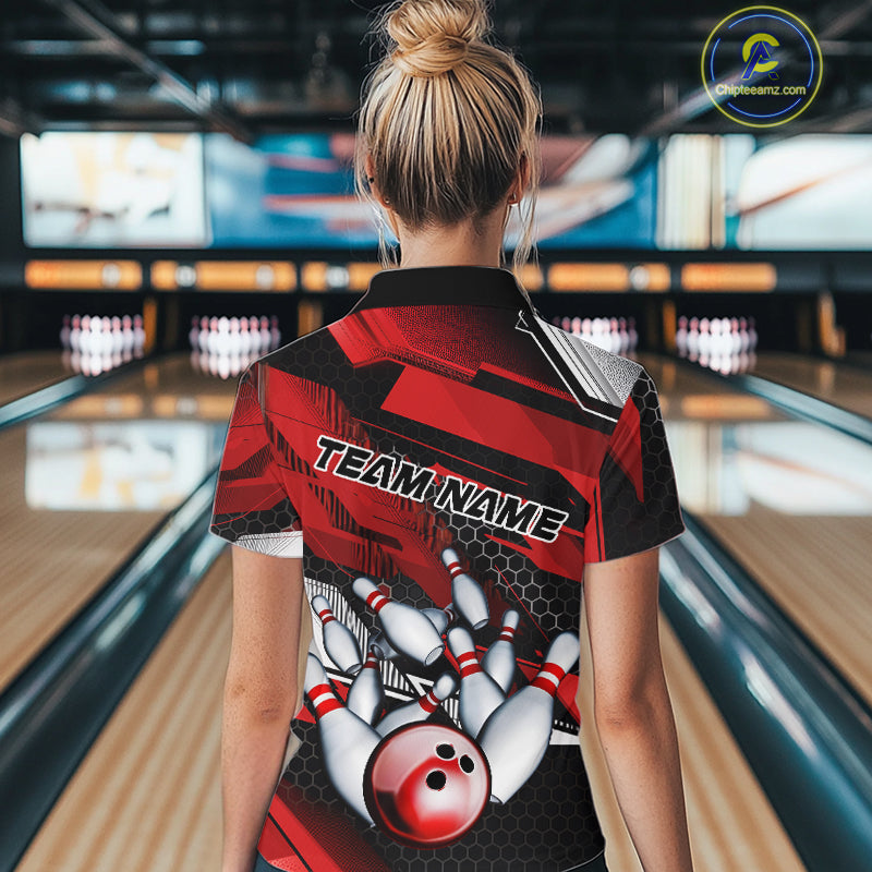 Custom Black And Red Hexagon Pattern Bowling Women Quarter-Zip Shirts, Team Uniform IPHW9420