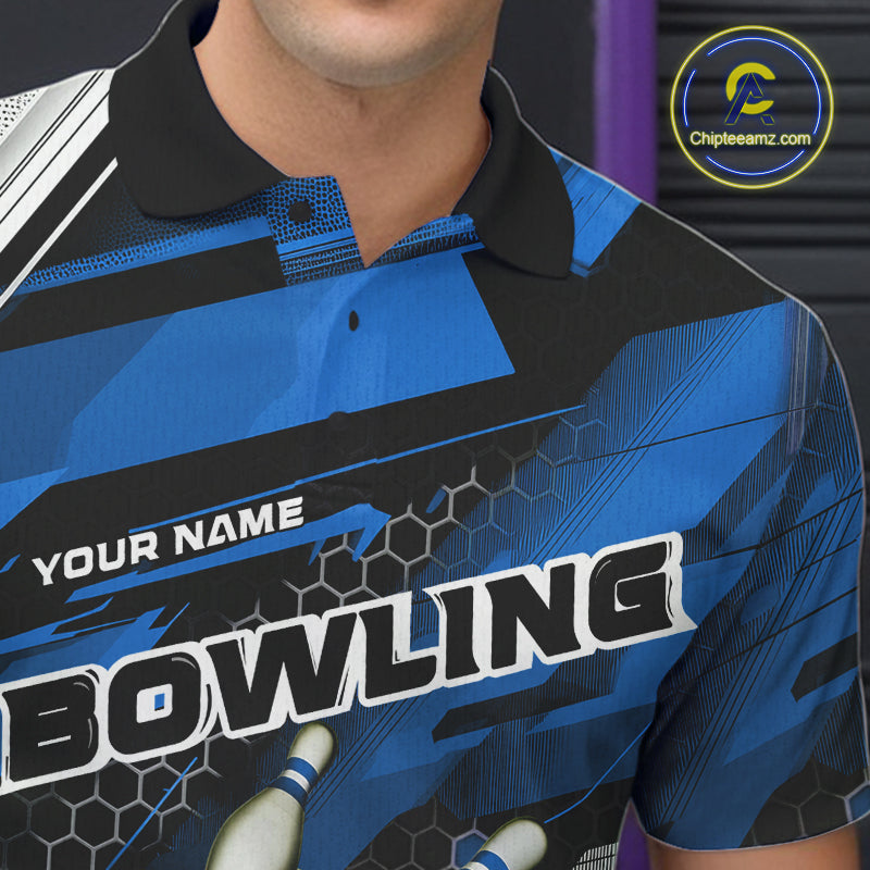 Custom Black And Blue Hexagon Pattern Bowling Polo Shirts For Men, Bowling Team Uniform IPHW9422