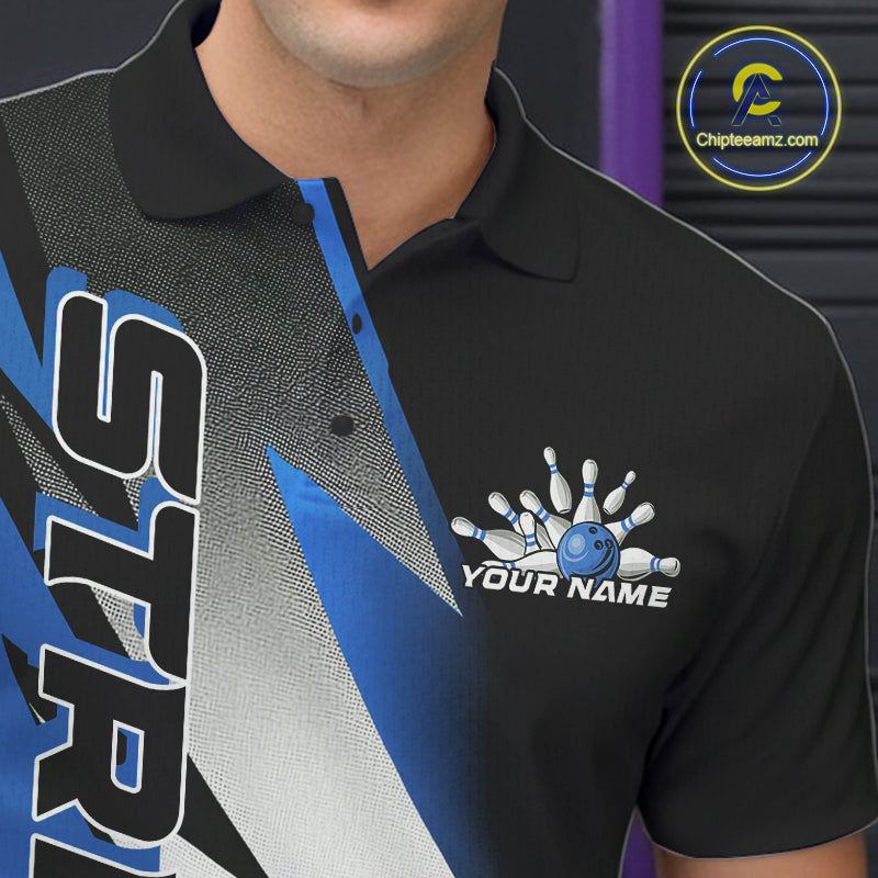Custom Black And Blue Strike Bowling Polo Shirts For Men, Bowling Team Uniform IPHW9425