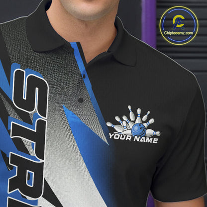 Custom Black And Blue Strike Bowling Polo Shirts For Men, Bowling Team Uniform IPHW9425