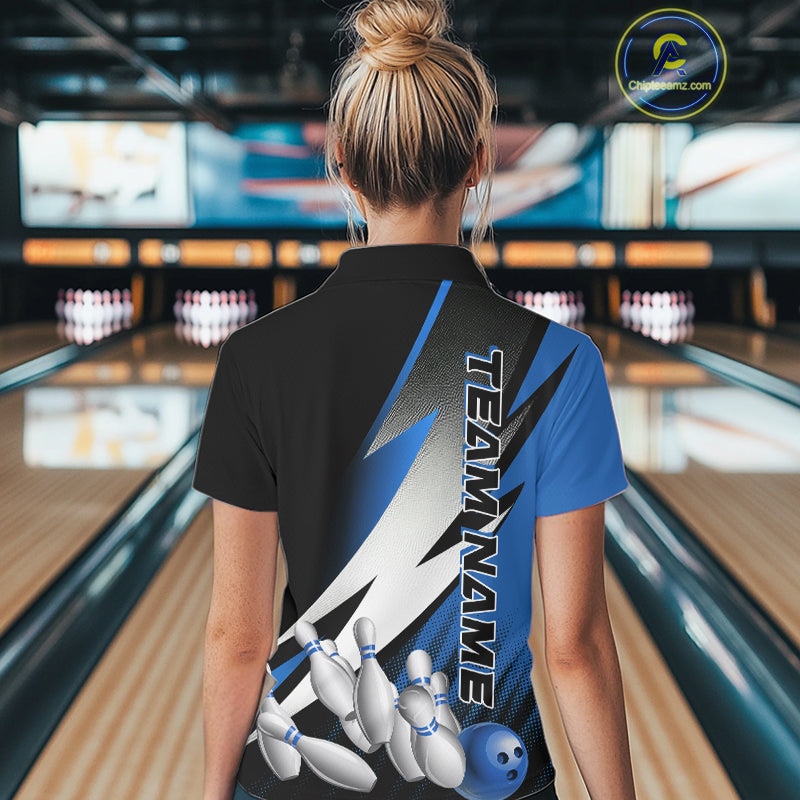 Custom Black And Blue Strike Bowling Polo Shirts For Women, Bowling Team Uniform IPHW9425
