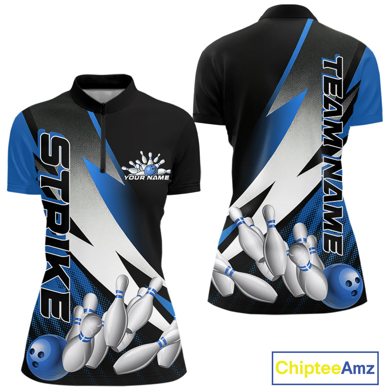 Custom Black And Blue Strike Bowling Women Quarter-Zip Shirts, Bowling Team Uniform IPHW9425