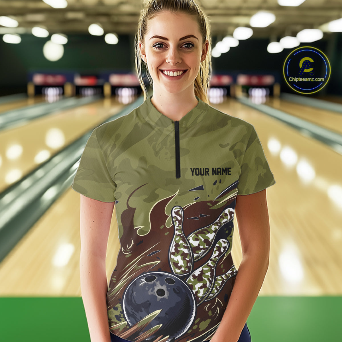Custom Military Camo Bowling Quarter-Zip Shirts For Women, Patriotic Bowling Team Shirt IPHW8038