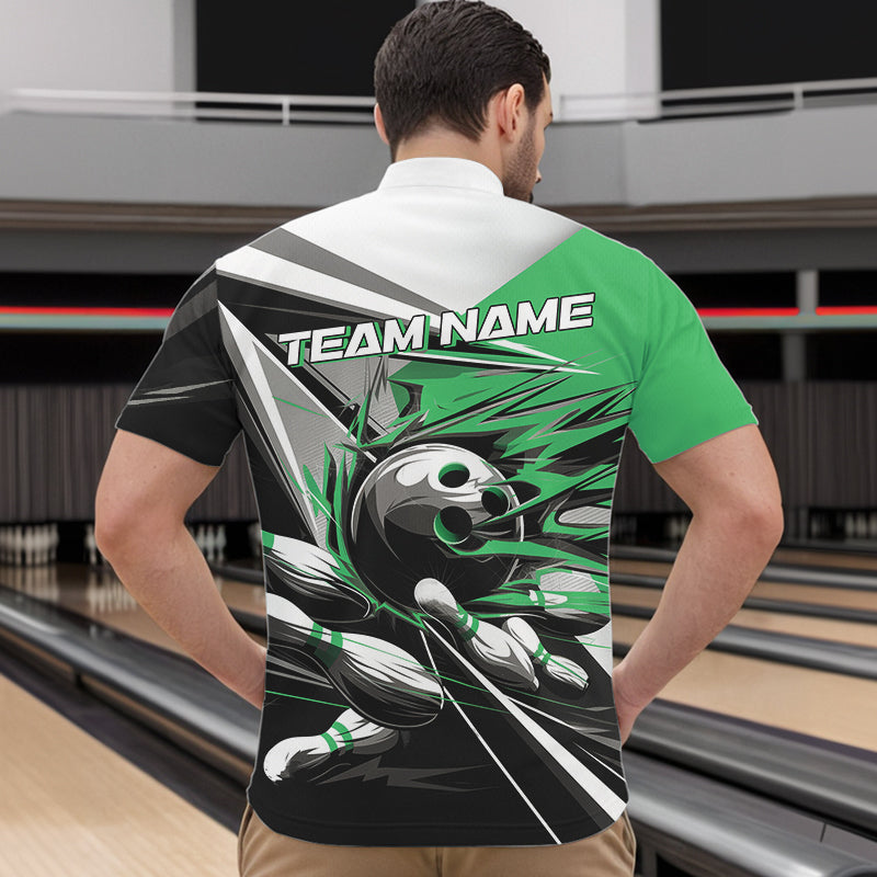 Custom Black And Green Striking Bowling Quarter-Zip Shirts For Men, Team Uniform Bowlers Outfits IPHW8767