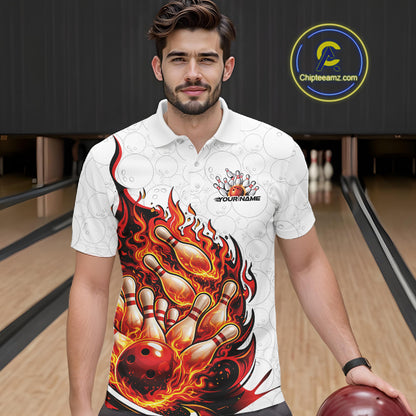 Male model wearing a white and red bowling polo at a bowling alley with fiery bowling graphics and pin artwork.