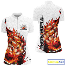 Load image into Gallery viewer, Cusom Red Flame Bowling Women Quarter-Zip Team Shirt, Fire Bowling Tournament Jersey IPHW11127