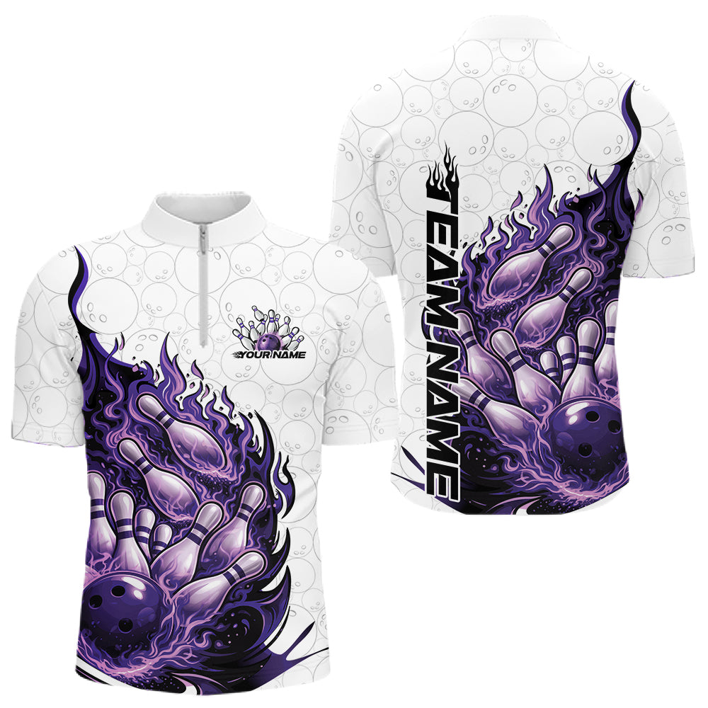 Front and back view men’s quarter-zip bowling shirt mockup featuring flaming bowling ball crashing pins fiery style on white and red fabric
