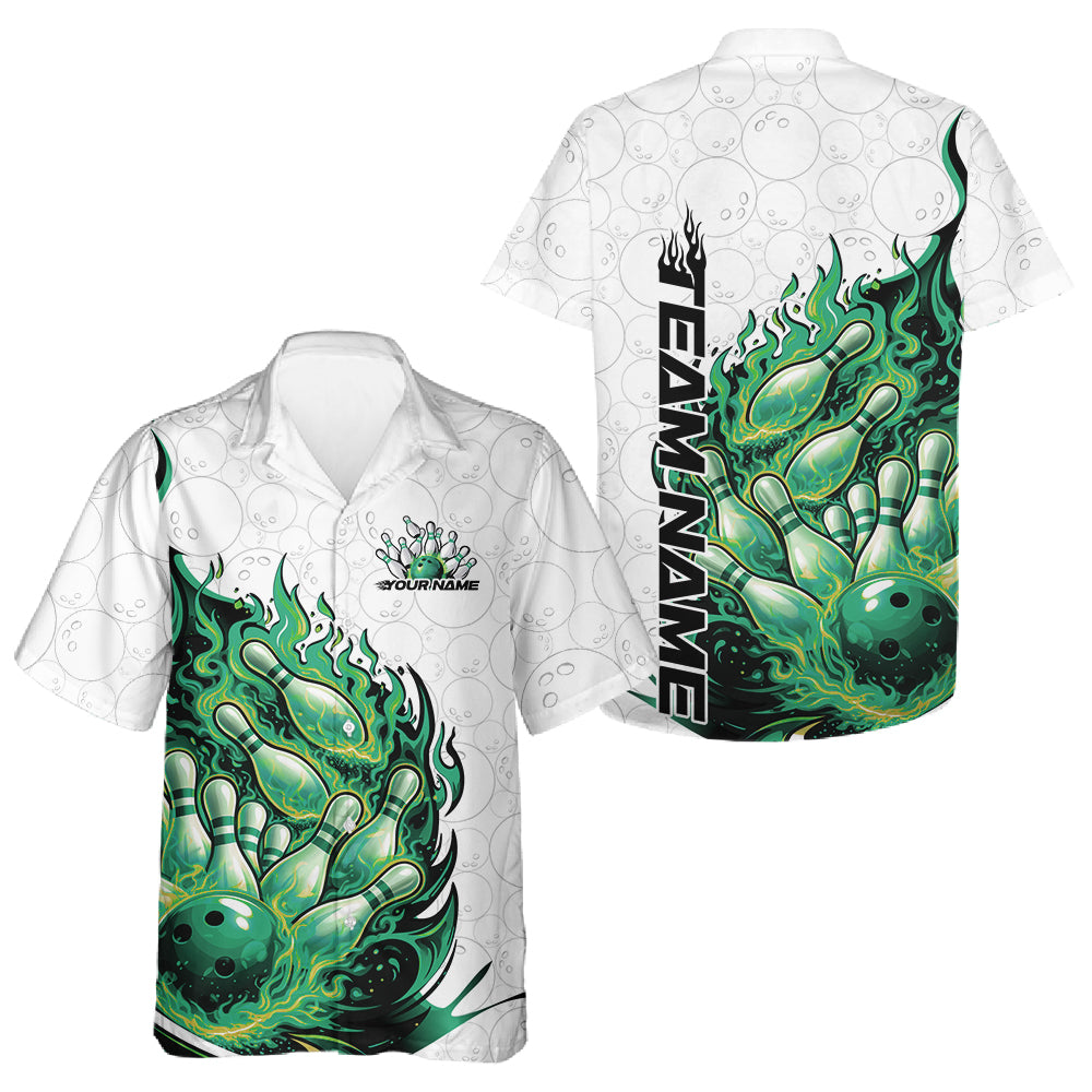 White and green button-up bowling shirt mockup displaying fiery bowling-themed artwork in front and back views.