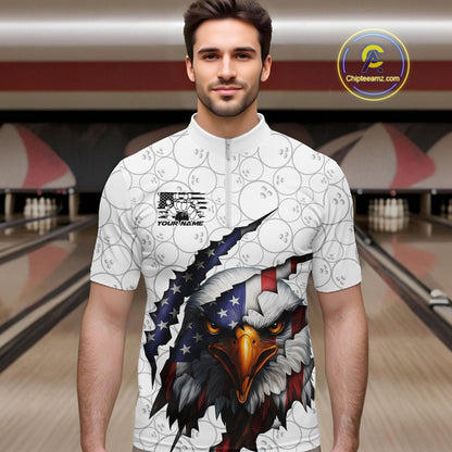 Custom Patriotic Eagle Men Bowling Team Shirt, US Flag Eagle Bowling League Shirt IPHW10190