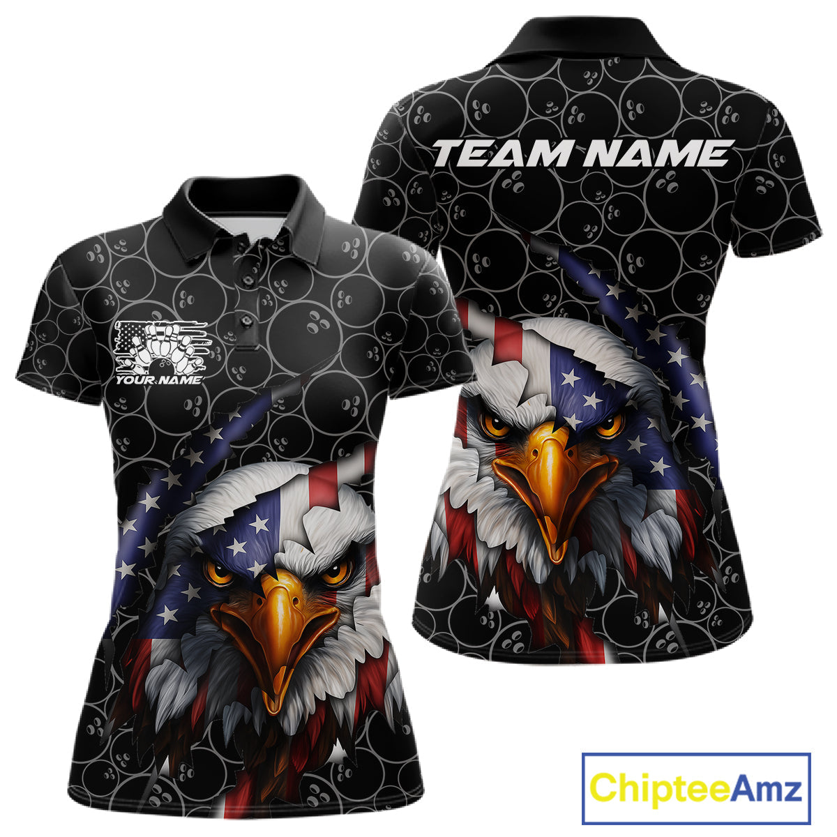 Custom Patriotic Eagle Women Bowling Team Shirt, US Flag Eagle Bowling League Shirt IPHW10191