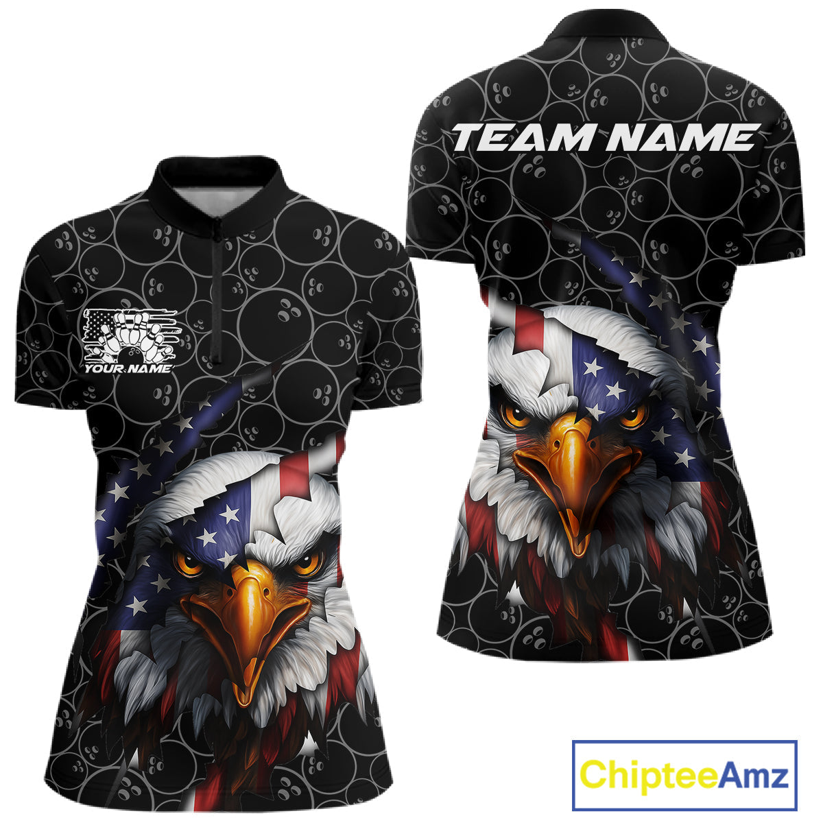 Custom Patriotic Eagle Women Bowling Team Shirt, US Flag Eagle Bowling League Shirt IPHW10191
