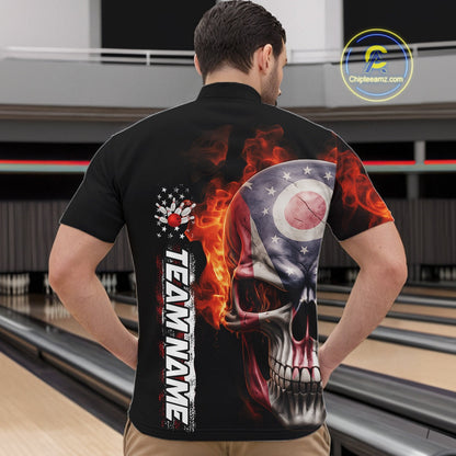 Custom Flame Skull American Ohio Flag Men Bowling Team Shirt, Patriotic Bowling Jersey IPHW10637