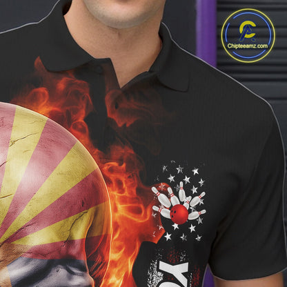 Custom Flame Skull American Arizona Flag Men Bowling Team Shirt, Patriotic Bowling Jersey IPHW10638