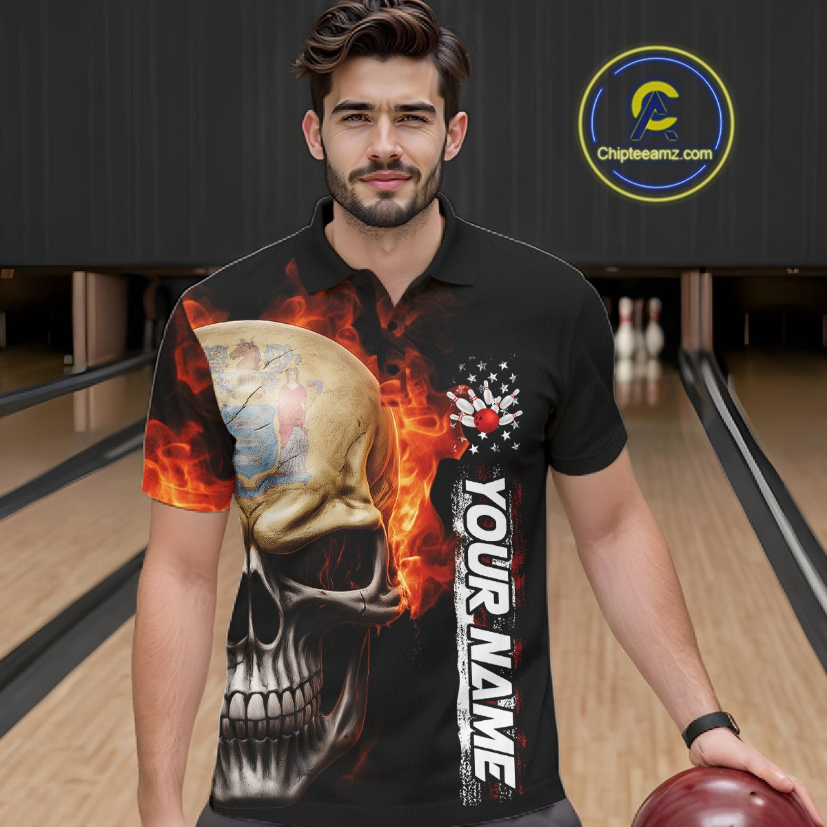 Custom Flame Skull American New Jersey Flag Men Bowling Shirt, Patriotic Bowling Shirt IPHW10639