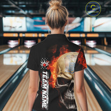 Load image into Gallery viewer, Custom Flame Skull American New Jersey Flag Women Bowling Shirt, Patriotic Bowling Shirt IPHW10639