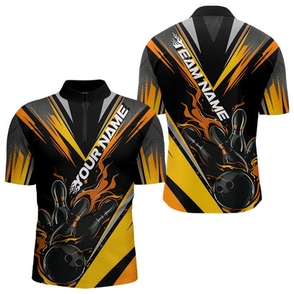 Custom Black And Yellow Flame Bowling Men Quarter-Zip Shirts, Fire Bowling Tournament Team Outfits IPHW8774
