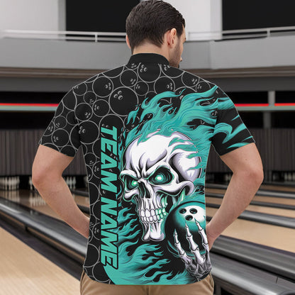 Custom Black And Blue Flame Skull Bowling Men Quarter-Zip Shirts, Skull Halloween Bowling Outfit IPHW8776