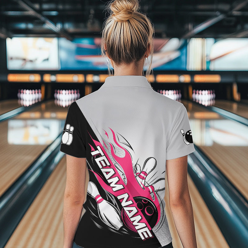 Custom Pink Flame Strike Bowling Women Quarter-Zip Shirt, Team Uniform Bowling League Shirt IPHW8778
