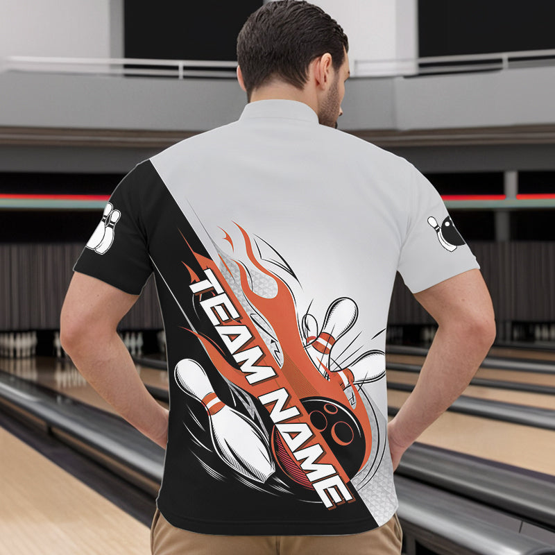 Custom Orange Flame Strike Bowling Men Quarter-Zip Shirt, Bowling Team Uniform Bowling League Shirt IPHW8779