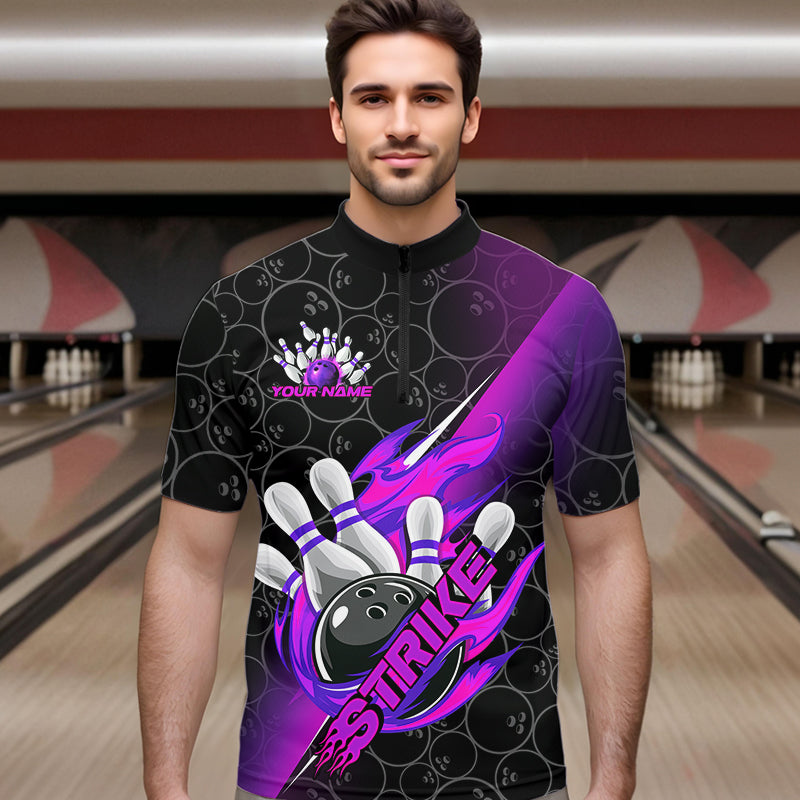 Custom Black And Blue Purple Flame Strike Bowling Men Quarter-Zip Shirt, Bowling Ball Pattern Shirt IPHW8782